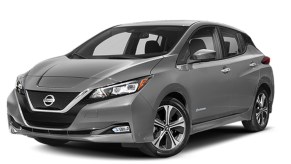 A gray 2019 Nissan Leaf against a white background.