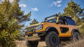 A yellow 2021 Ford Bronco SUV under a blue sky