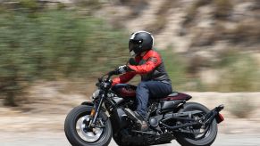 Riding a maroon 2021 Harley-Davidson Sportster S on the Angeles Crest Highway