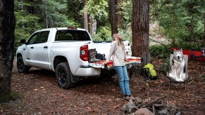 A woman and two dogs hang out with a 2021 Toyota Tundra at a campsite.