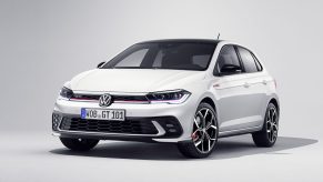 A white 2021 Volkswagen Polo GTI hatchback on a white background