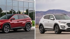 A dark red 2022 Hyundai Tucson compact SUV model and a white 2021 Hyundai Tucson compact SUV model