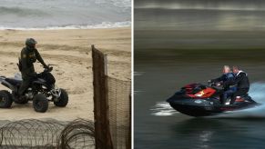 An ATV on a beach and a jet ski on the water