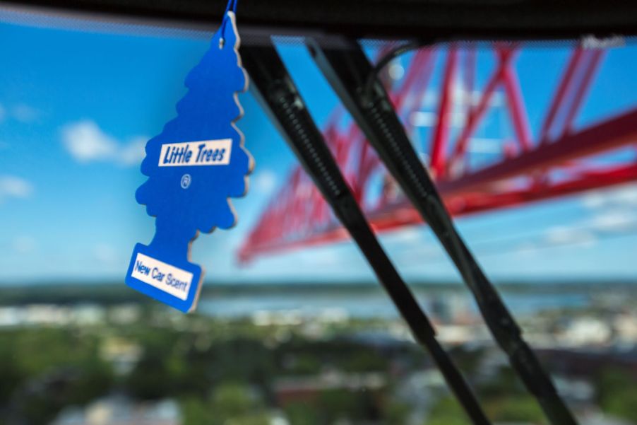 A blue Little Trees air freshener hanging within a crane in Portland