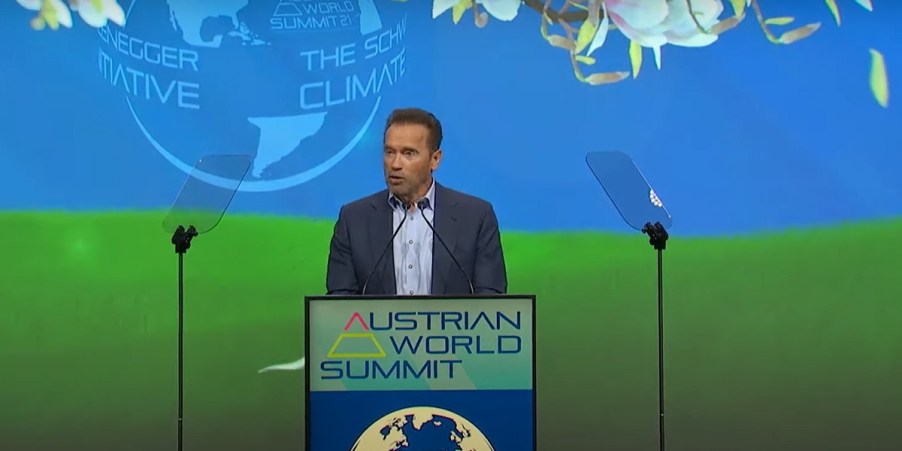 Arnold Schwarzenegger gives a speech at the Austrian World Summit.