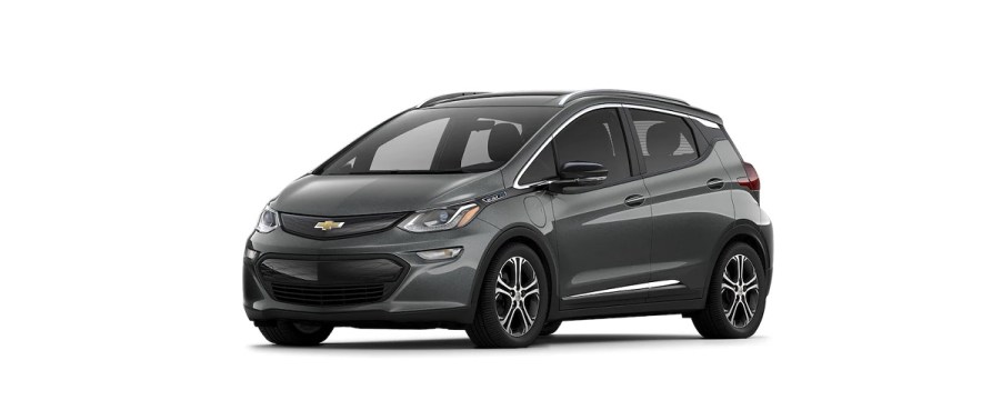 A gray Chevy Bolt against a white background.