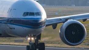 A Chinese Boeing 777F cargo airplane taxis for take-off at Frankfurt Airport in April 2021