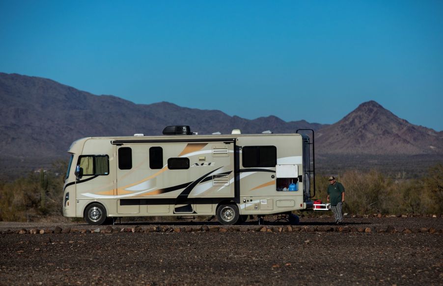 A camper van motorhome parked at La Posa in Quartzite, Arizona