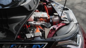 Under the hood of a Chevy Bolt EV in Boston on April 12, 2017