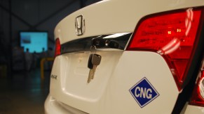 Keys sit in the trunk of a recently assembled compress natural gas powered Civic GX