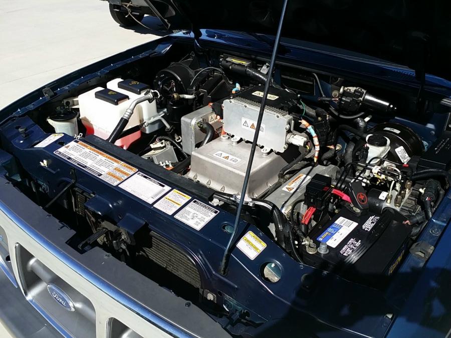 Electric Ford Ranger With Hood Open To Reveal Motor