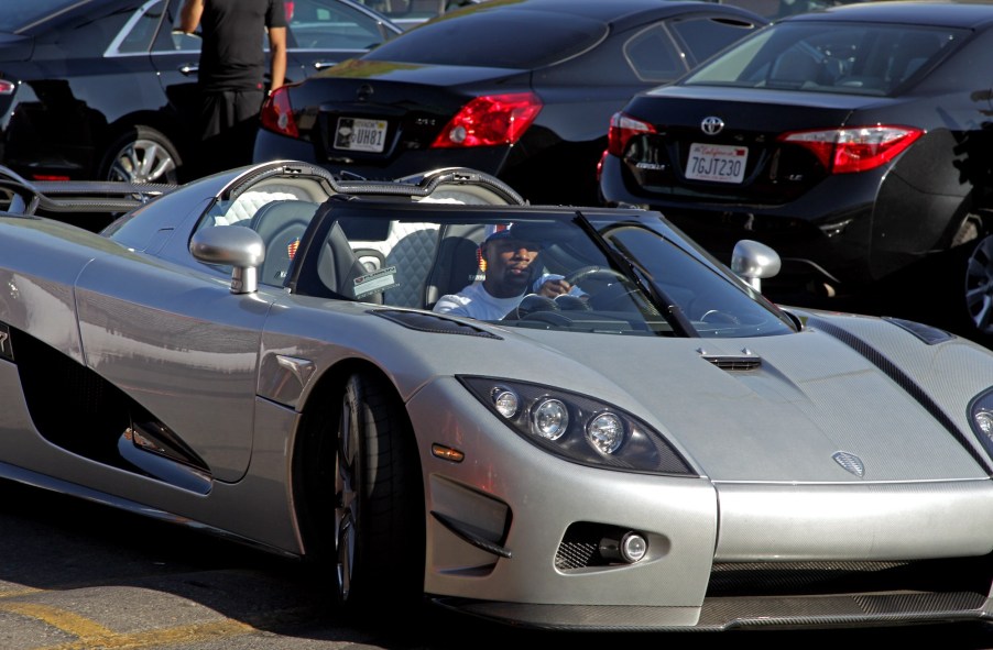 Floyd Mayweather Jr. arrives at the Mayweather Boxing Club in his new $4.8 million Koenigsegg CCXR Trevita hypercar for a workout in August 2015 in Las Vegas