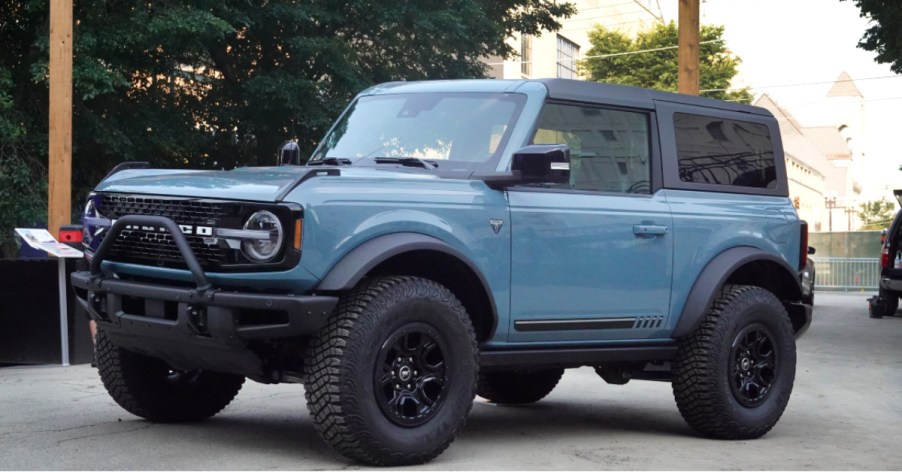 A blue new Ford Bronco is displayed at the Chicago Auto Show on July 14, 2021 in Chicago, Illinois.