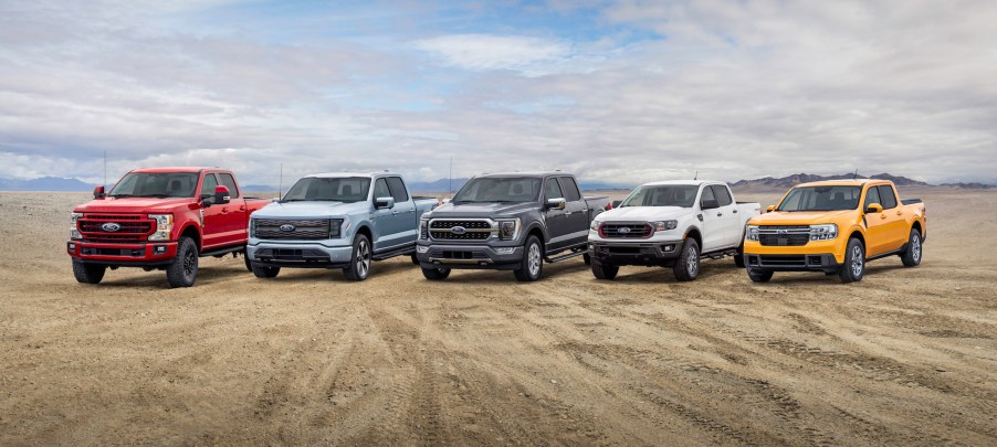 Ford truck lineup: F-250, F-150 Lightning, F-150, Ranger, and Maverick