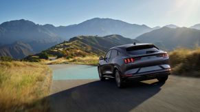 A gray Ford Mustang Mach-E demonstrating the Road Edge Detection driver-assistance feature