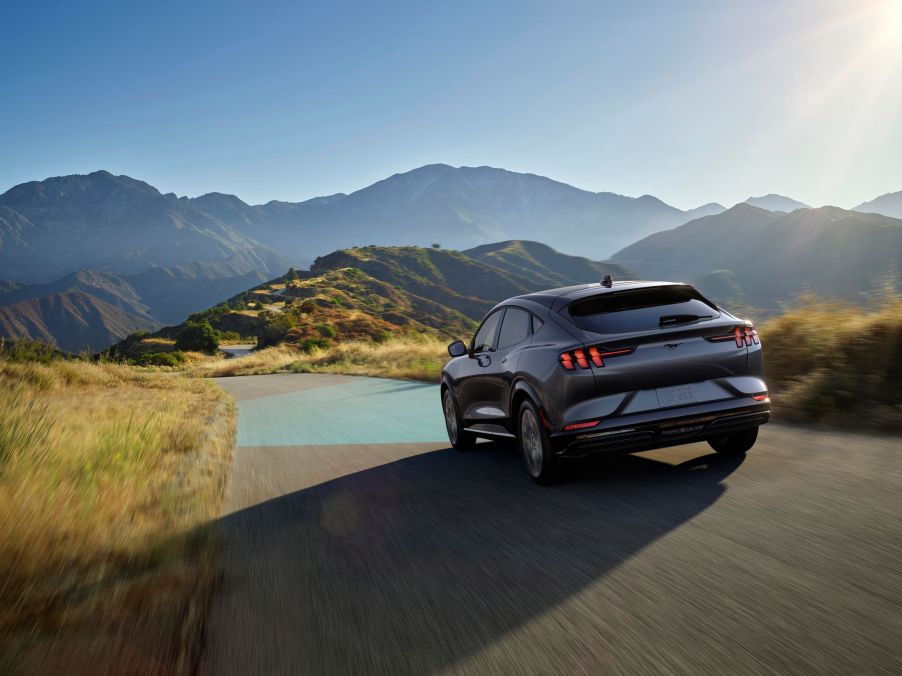 A gray Ford Mustang Mach-E demonstrating the Road Edge Detection driver-assistance feature