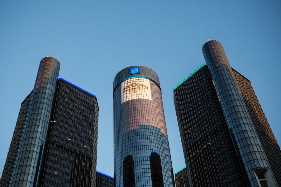 Exterior of GM headquarters in Detroit, Michigan, on a clear day