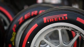 A set of Pirelli-shod O.Z wheels at a Formula 1 race