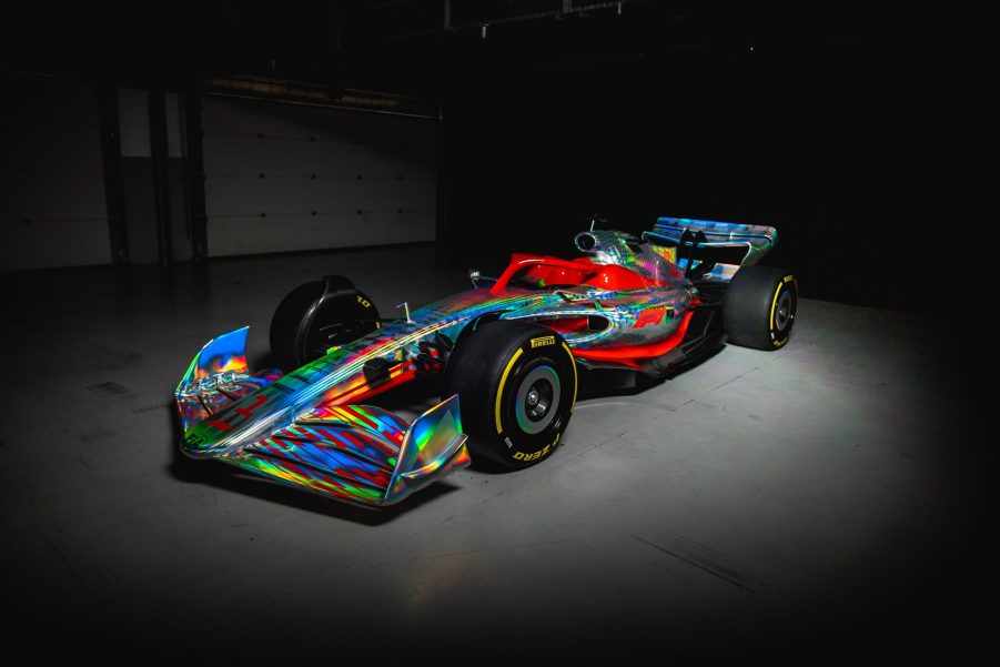 The redesigned 2022 Formula 1 car in aluminum rainbow livery