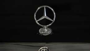 The Mercedes-Benz badge affixed to the hood of a black S Class sedan