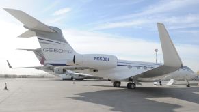 The Gulfstream G650ER aircraft parked at the Kuwait Aviation Show