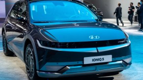 A black Hyundai IONIQ 5 car is on display during the 19th Shanghai International Automobile Industry Exhibition.