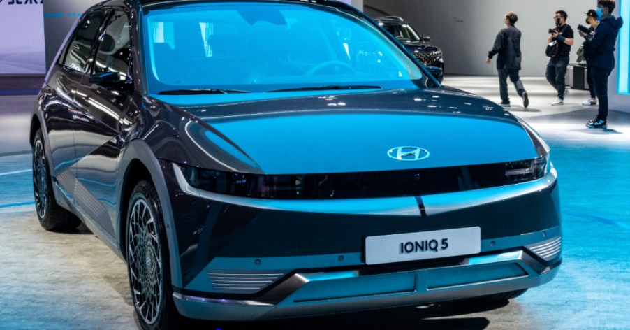 A black Hyundai IONIQ 5 car is on display during the 19th Shanghai International Automobile Industry Exhibition.