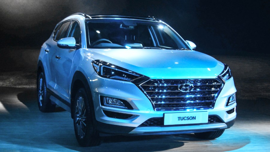 A white Hyundai Tucson at Auto Expo 2020, on February 5, 2020, in Greater Noida, India.