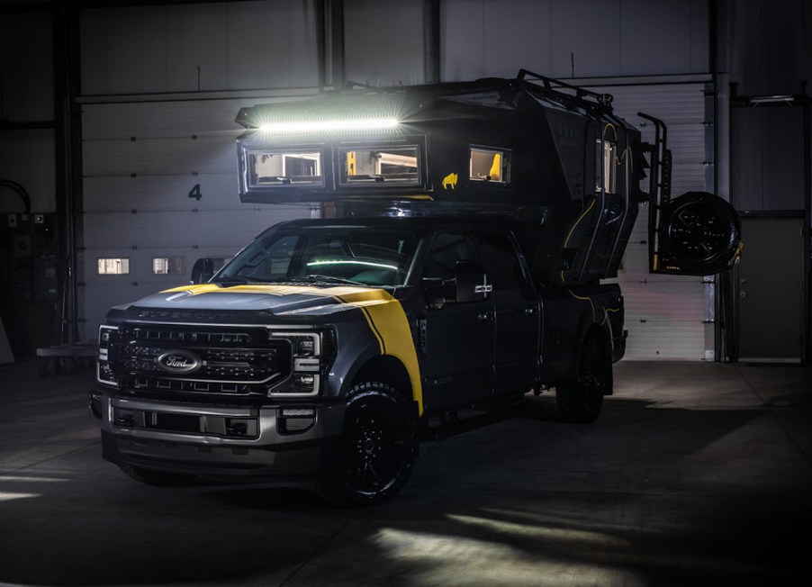 The all-new Loki Falcon parked in a low lit garage is easy to see how it is one of the best camper trucks