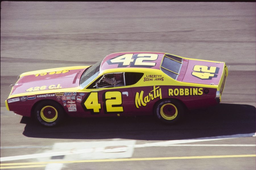 Marty Robbins drives a Dodge Charger to an eighth place finish at the 1972 Miller 500.