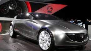 A silver Mazda prototype at the Paris Auto Show on display in September 2006