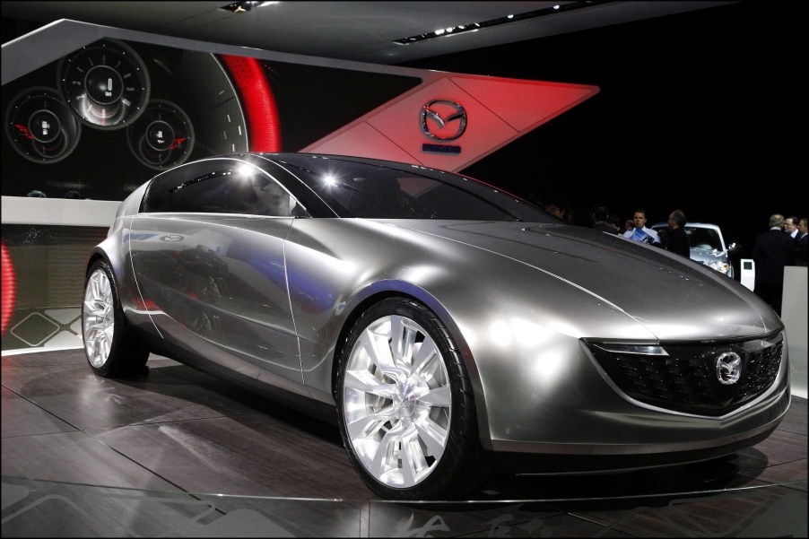 A silver Mazda prototype at the Paris Auto Show on display in September 2006