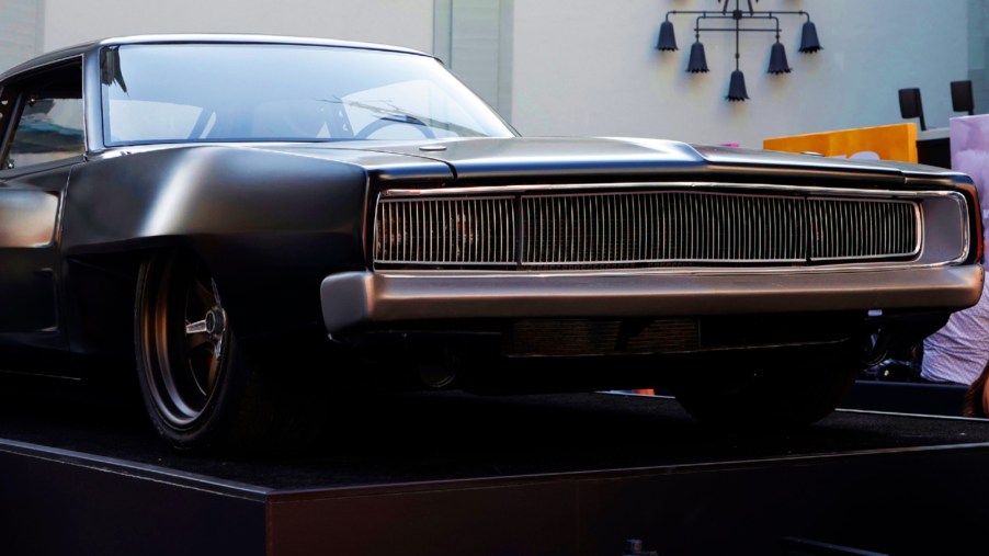 A black car is displayed during the Universal Pictures "F9" World Premiere at TCL Chinese Theatre on June 18, 2021 in Hollywood, California.