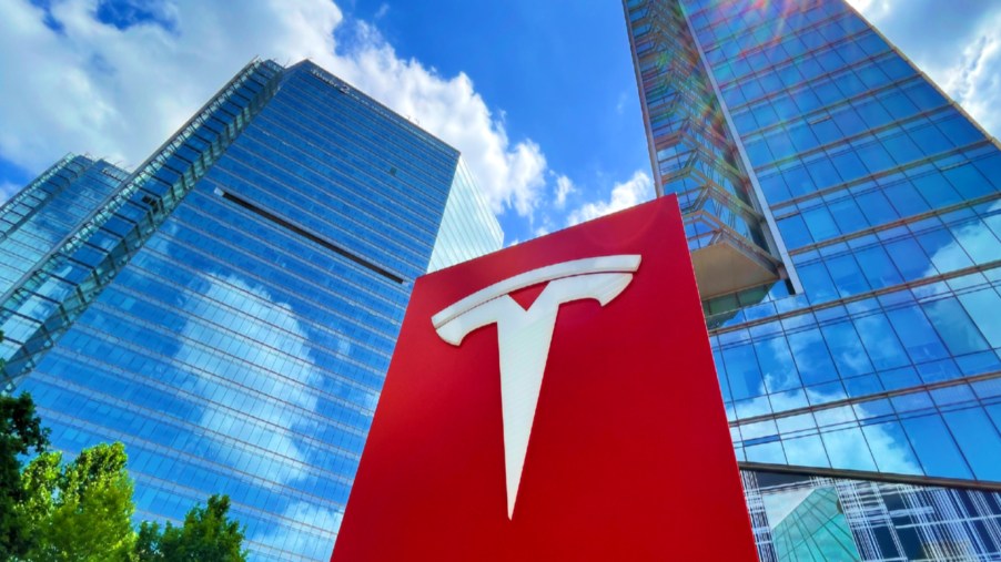 The Tesla logo is pictured at its headquarters on July 3, 2021 in Beijing, China.