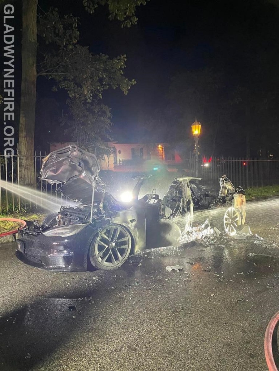 The burned remains of a Tesla.