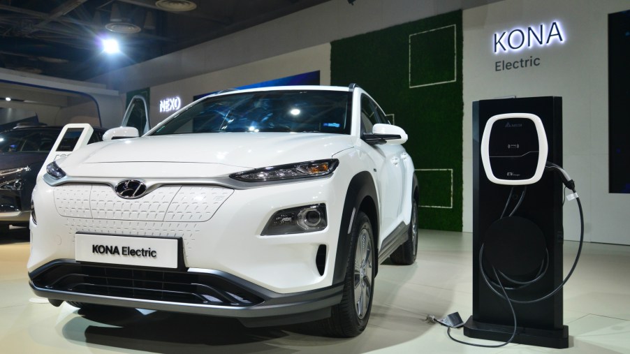 A white KONA Electric Hyundai at Auto Expo 2020, on February 5, 2020, in Greater Noida, India.