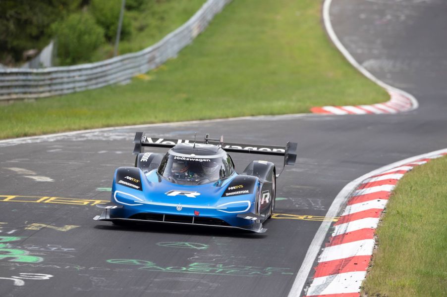 The Volkswagen ID. R electric race car driving on a race track