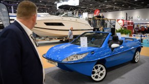 A Dutton Reef amphibious car on display at the London Boat Show on January 10, 2018, in London, England