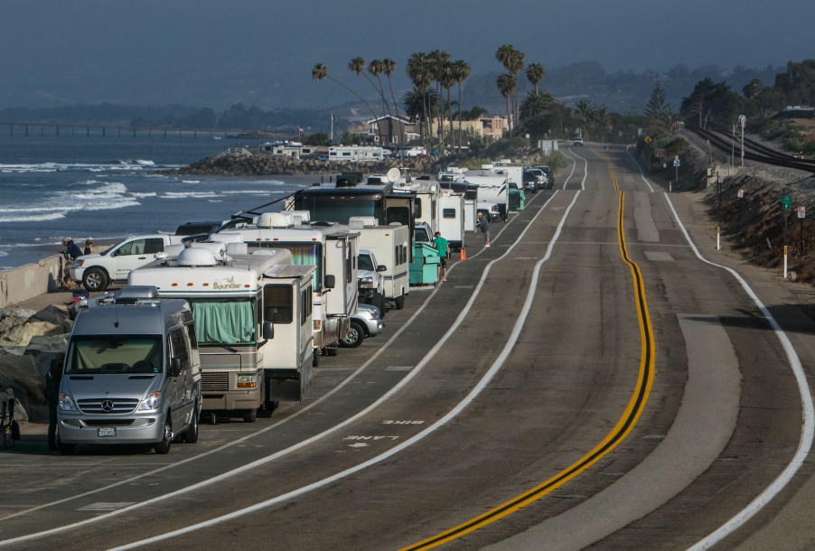 Campers parked along Pacific Coast Highway during Memorial Day weekend in 2015 near Santa Barbara, California