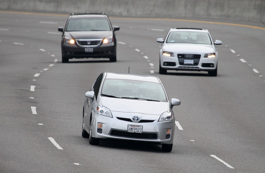 A Toyota Prius drives along Highway 101 on November 30, 2010, in Sausalito, California. Toyota issued a recall for 650,000 Prius hybrids to repair cooling pumps that could fail and cause the vehicle to overheat and lose power.