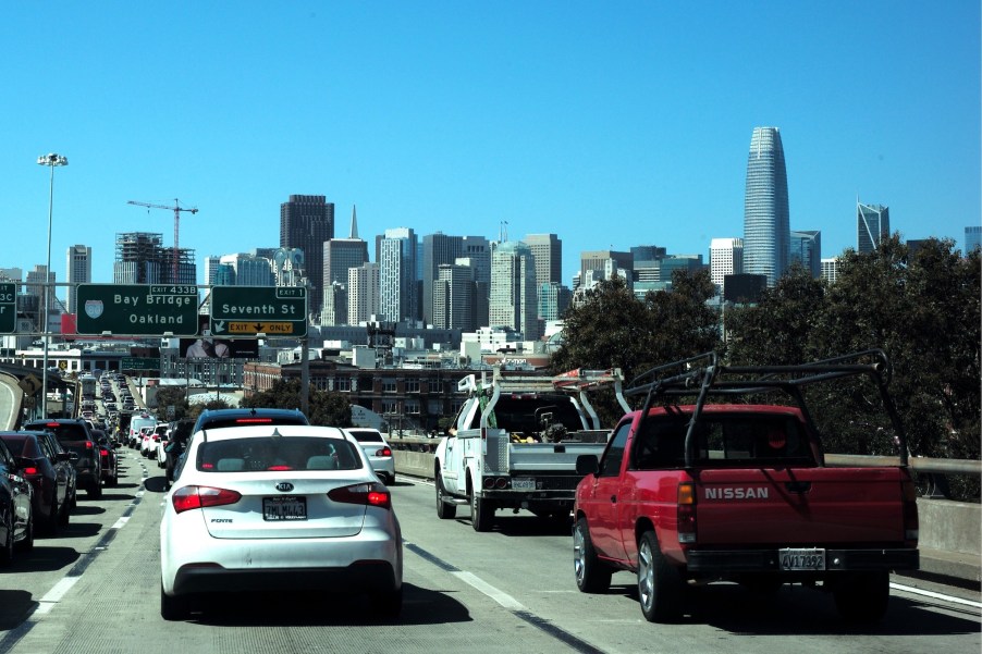 Cars idle in traffic on an expressway to San Francisco, California on June 15, 2021