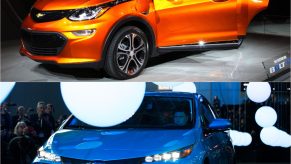 A top to bottom comparison of an orange 2021 Chevy Bolt and a blue 2021 Prius Prime