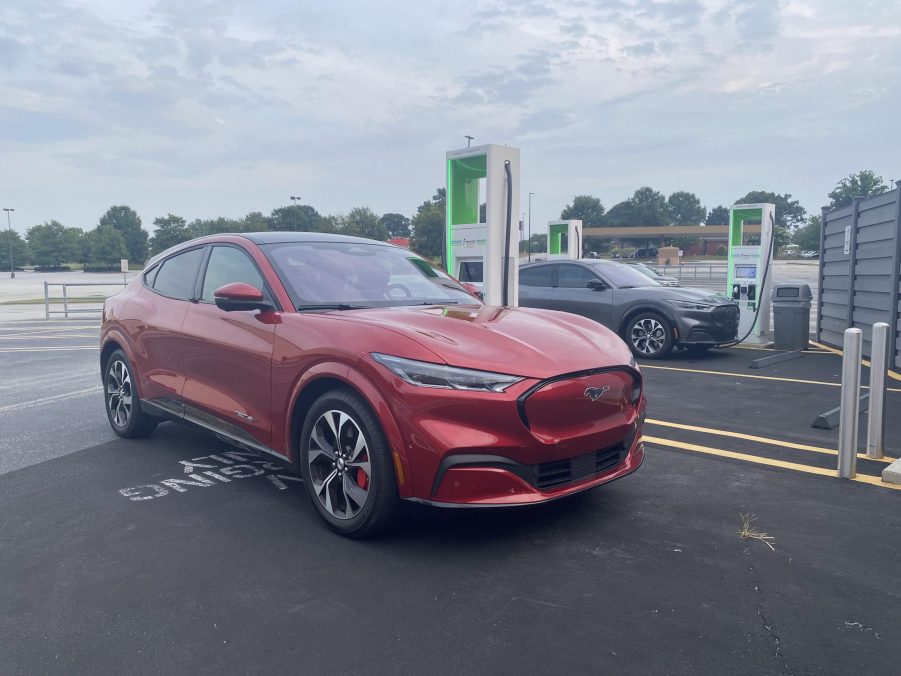 Two 2021 Ford Mustang Mach-E models charging