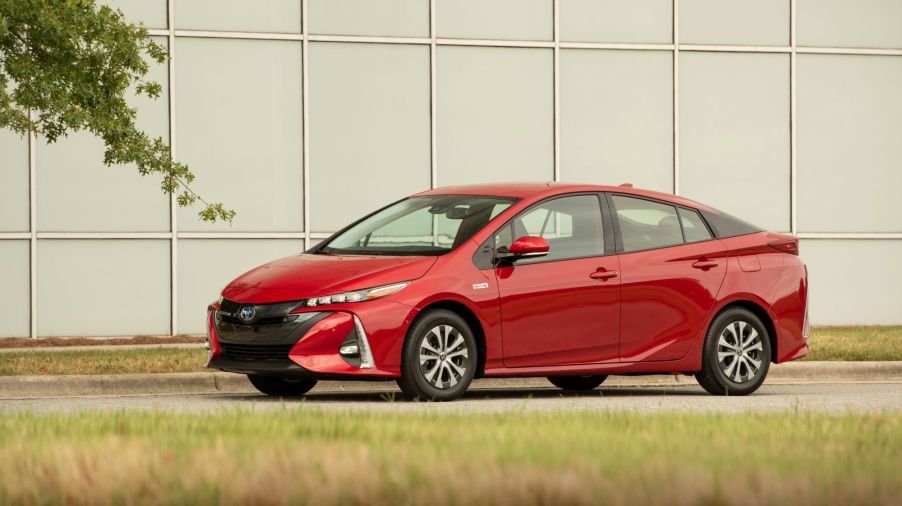 The 2021 Toyota Prius Prime hybrid model in red