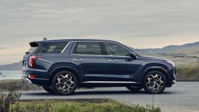 A dark blue 2021 Hyundai Palisade parked in front of the ocean.