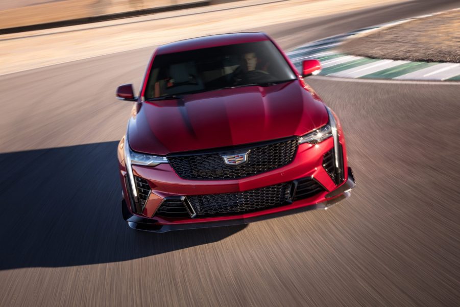 A red 2022 Cadillac CT4-V Blackwing on track