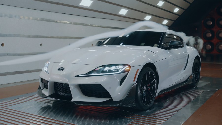 A white 2022 Toyota Supra A91-CF (carbon fiber) sits in a wind tunnel