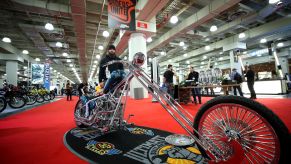 A custom chopper displayed at the 2019 New York Progressive International Motorcycle Show