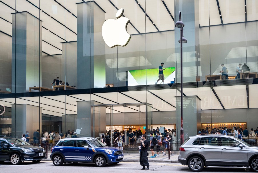 The Apple logo on a glass-walled Apple store in Hong Kong