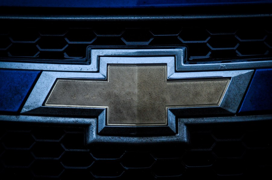 A gold Chevy logo is seen on a vehicle grille on December 21, 2017